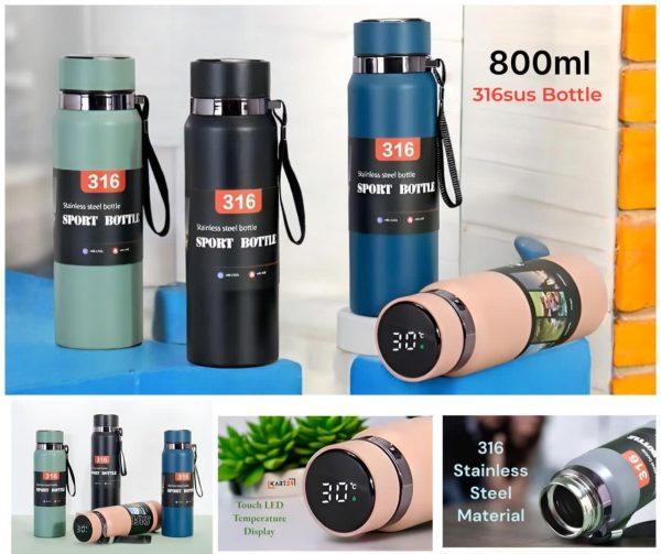 316 Medical Grade Stainless Steel Double Walled Vacuum Insulated Leak Proof Sport Water Bottle with Durable Nylon Carrying Strap 800ml (random colour)