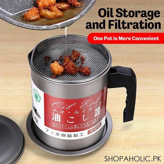 Alternative view of High Quality 1.4L Fryer Oil Filter Pot – Carbon Steel Oil Can with Stainless Steel Strainer Kitchen Storage Jug (Without Box)