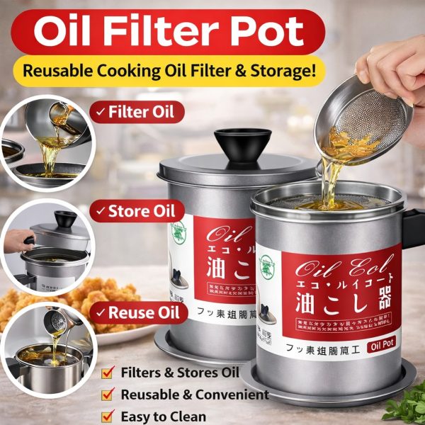 High Quality 1.4L Fryer Oil Filter Pot – Carbon Steel Oil Can with Stainless Steel Strainer Kitchen Storage Jug (Without Box)