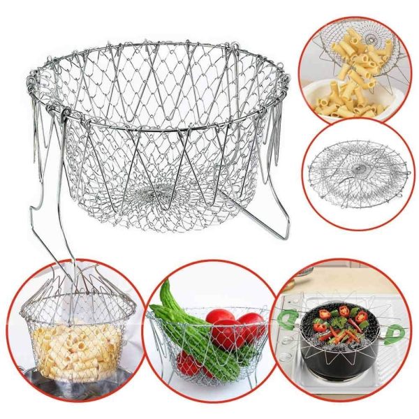 Alternative view of Stainless Steel Multi-Functional Foldable Chef Basket – Deluxe Kitchen Colander, Mesh Steam, Rinse, Strain & Fry Basket